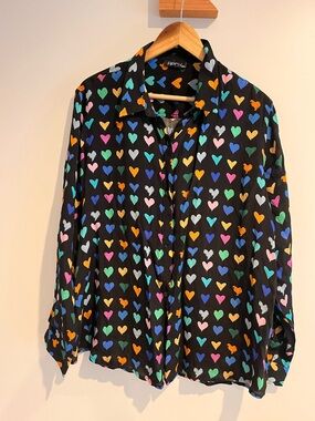APNY Black Pink Heart Print Button Down Shirt XXL Artsy Silky Blouse